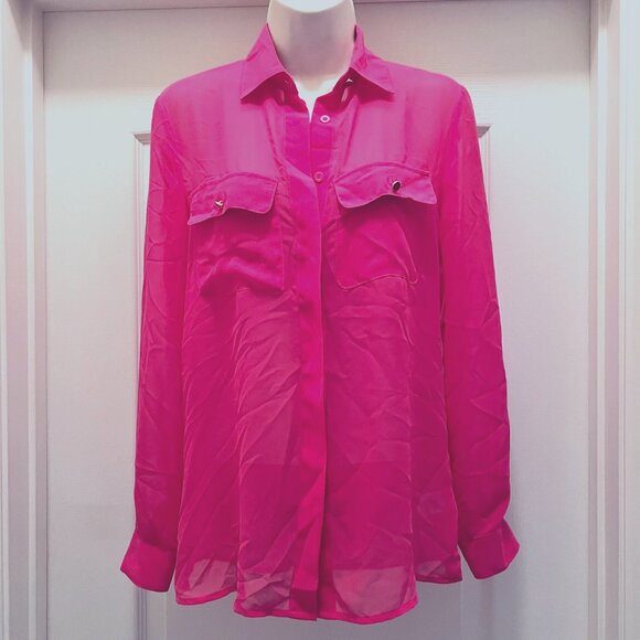 Bisou Bisou-NWT- Women's Long Sleeve Hot Pink Button Up Blouse-XS-Slit Up Back - Picture 1 of 16